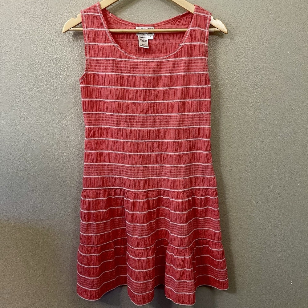 Max Studio Pink Coral Striped Summer Dress Smocked Cotton Blend Preppy Cute Sz M